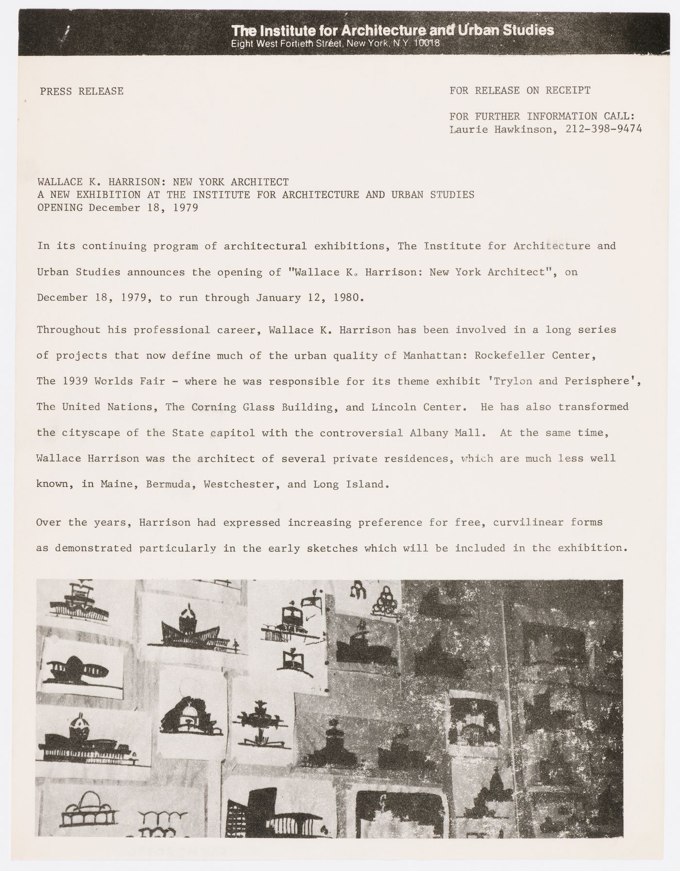 Press release for "Wallace K. Harrison: New York Architect" exhibition at the Institute for Architecture and Urban Studies