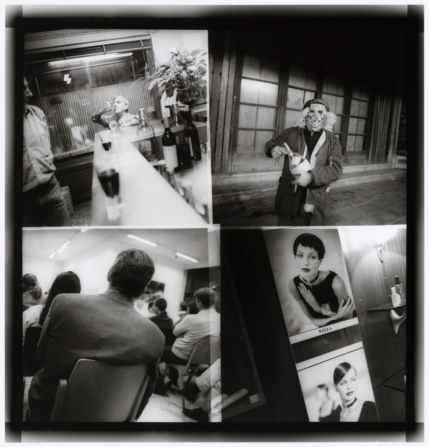 A photograph composed of four different photographs, from left to right, top to bottom, a view of a bar, a man with a mask, seated people from the back and a room with two posters, Milan, Italy