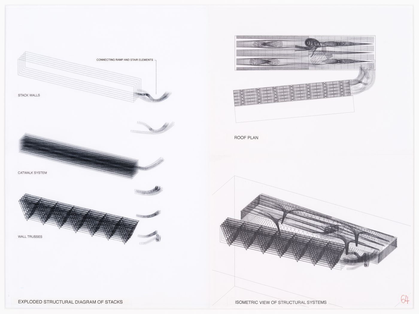 Drawings of an exploded structural diagram of the stacks and an isometric view of the structural system, Kansai-Kan of the National Diet Library, Seika, Japan