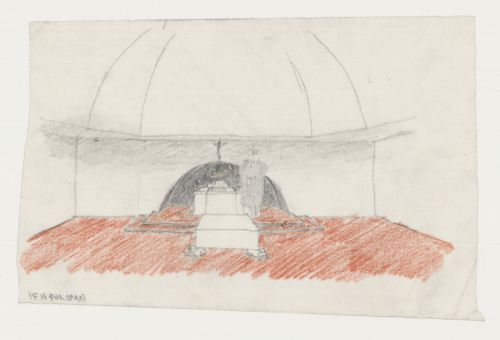 Interior perspective for Woodland Chapel showing the altar and catafalque, Woodland Cemetery, Stockholm, Sweden