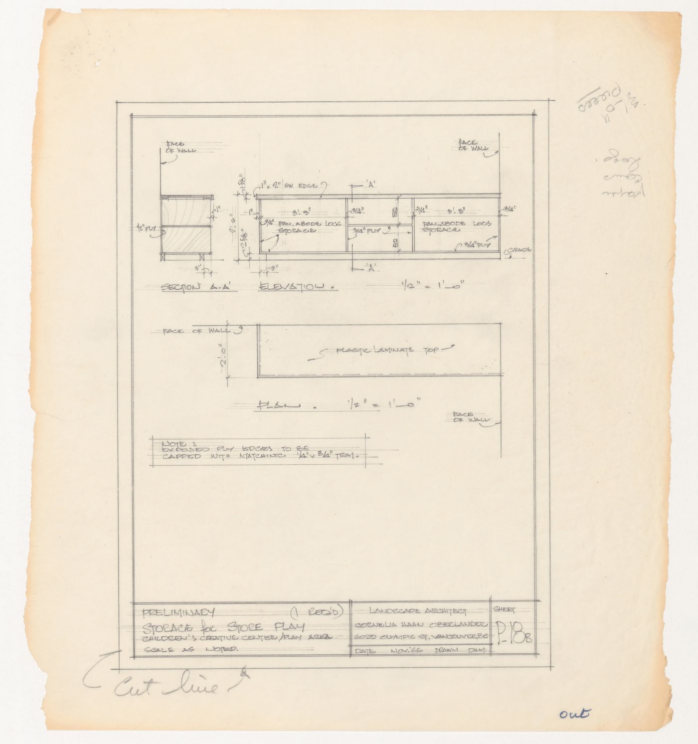 Preliminary section, elevation, and plan for storage for store play for Children's Creative Centre Playground, Canadian Federal Pavilion, Expo '67, Montréal, Québec