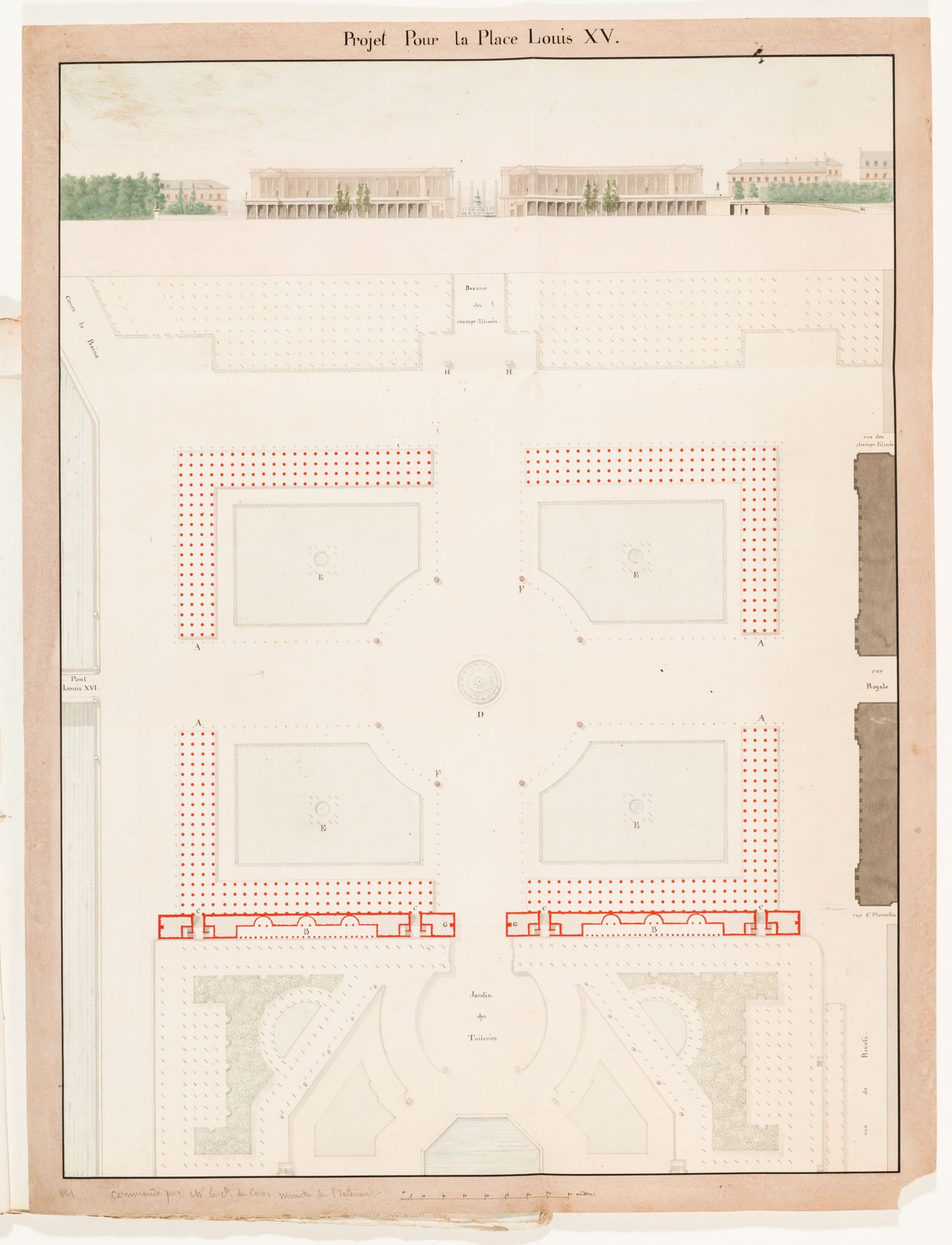 Plan and elevation for place Louis XV with five fountains, freestanding colonnades and loggias