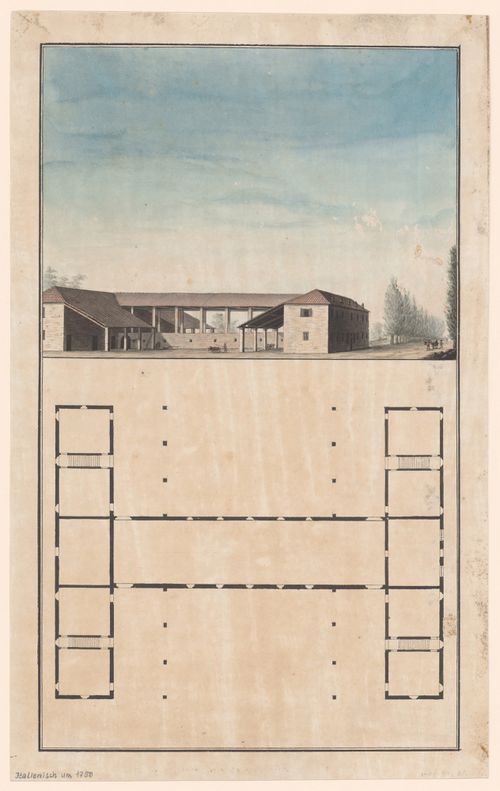Plan and perspective view for a two-storey barn