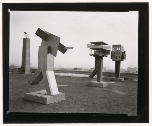 View of the esplanade showing the allegorical columns, CCA garden, Montréal, Québec, Canada