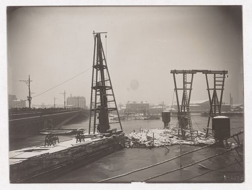 Construction of the Paris Metro, exterior view of machinery in the Seine, Paris, France