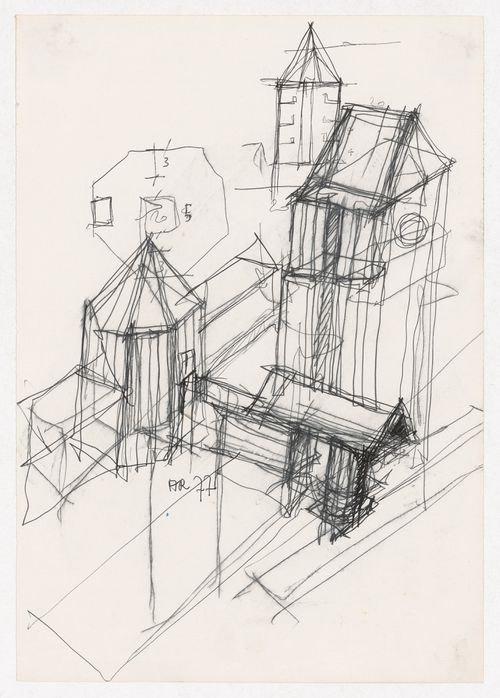 Perspective sketch, sketch cross section and sketch plan for Centro Direzionale, Florence
