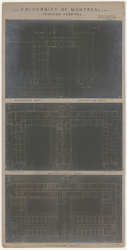 Panneau de présentation de l'hôpital universitaire, Pavillon principal et campus, Université de Montréal, Montréal, Canada (1924-1947)