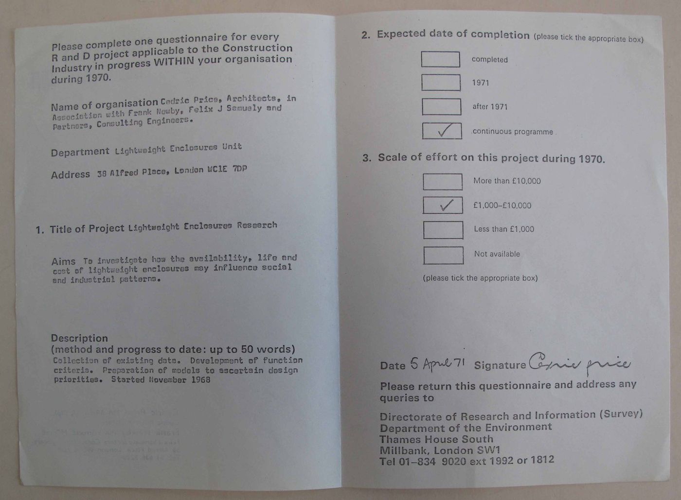 Directorate of Research and Information Questionnaire from Air Structures Research Documents