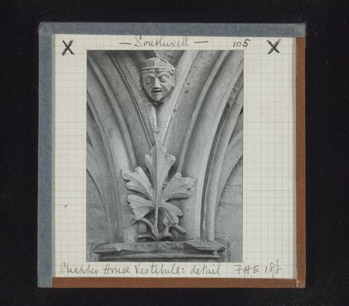 View of sculpture of leaf and sculpture of head in vestibule of Chapter House, Southwell Minster, Southwell, Nottinghamshire, England