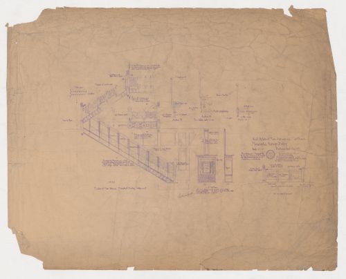 Monadnock and Kearsarge Buildings, Chicago: Elevation and sectional details for the main stairs, elevation for the stairs from first floor to basement and elevations for mail boxes