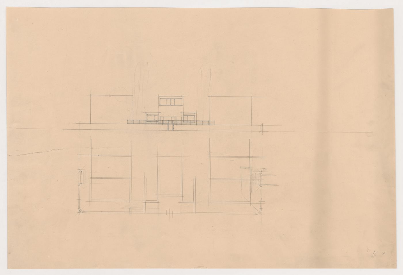 Elevation and plan for a housing [?] unit between two rows of housing units, Kiefhoek Housing Estate, Rotterdam, Netherlands