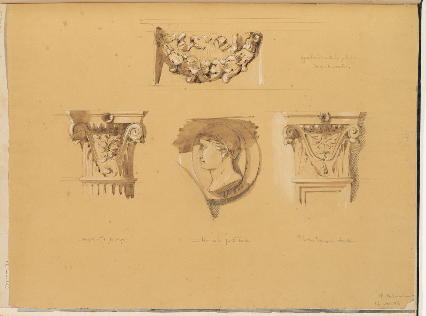 Elevations of a festoon, Corinthian capitals, and a medallion