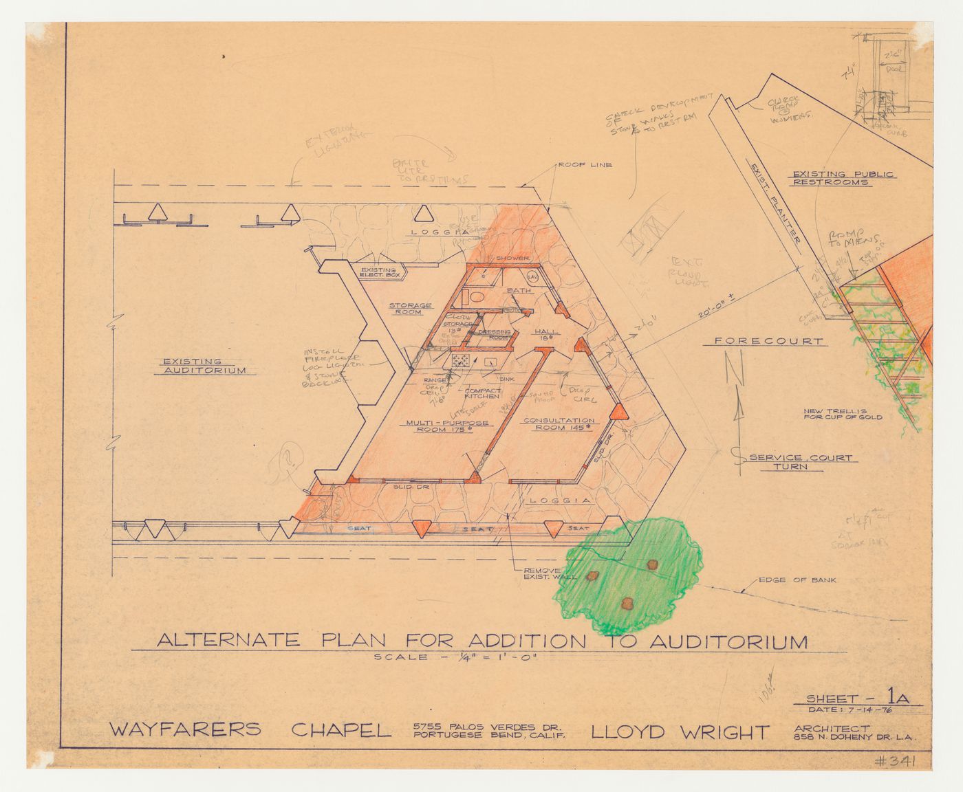 Wayfarers' Chapel, Palos Verdes, California: Plan for the auditorium addition