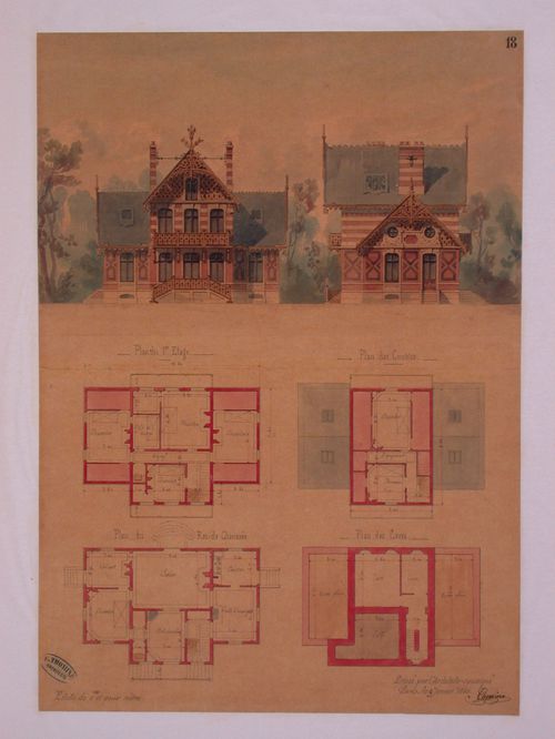 Rendered elevation and plan for a mansion in a French revival style