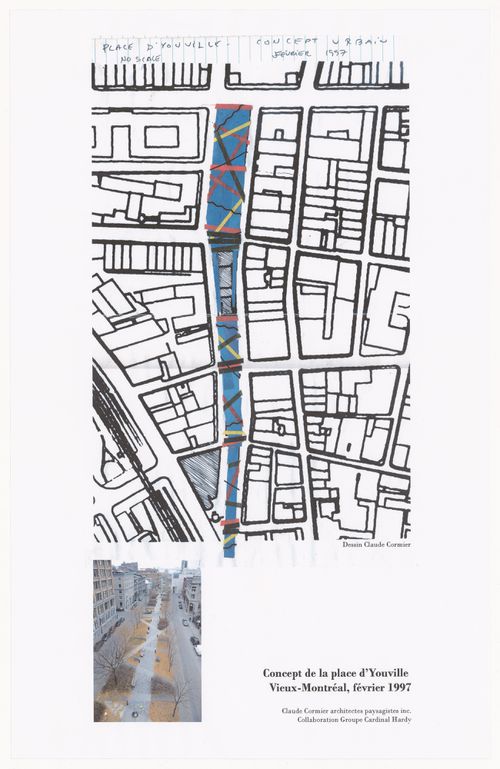 Projet initial d'aménagement paysagé et vue de la Place d'Youville, Montréal, Québec (1997)