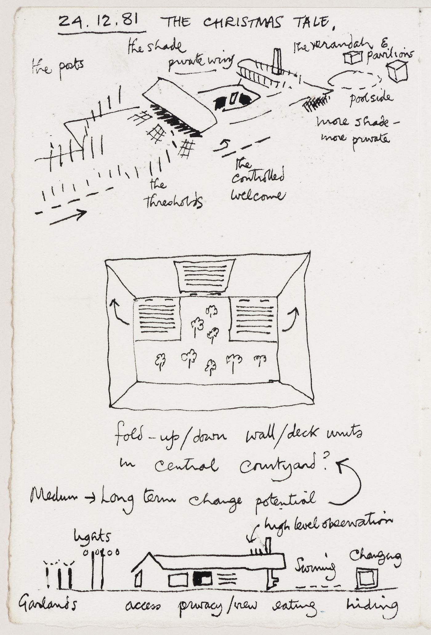 Perthut House: conceptual sketches of the house (bird's-eye view and side view), and, sketch of wall/deck units for central courtyard