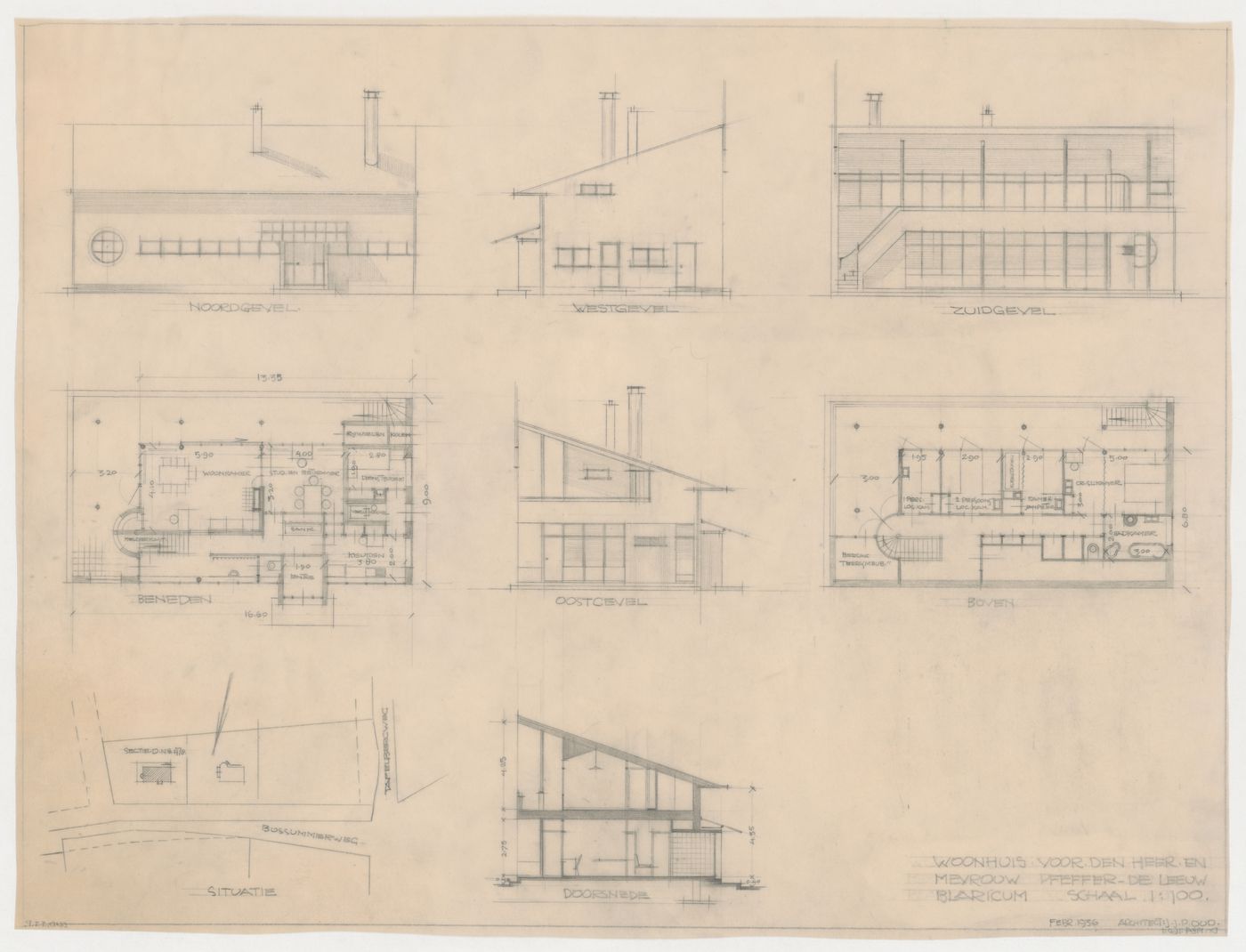 Site plan, plans, elevations, and section for a country house for Mr. and Mrs. Pfeffer-De Leeuw, Blaricum, Netherlands