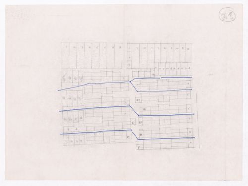 Sketch showing plots layout development for Minimum Cost Housing Group's plot in Aranya township, India, for Aranya Housing Project