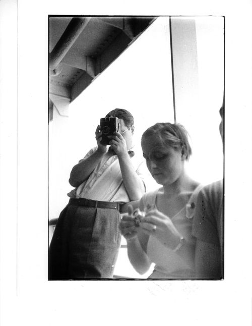 C.I.A.M. Athens, 1933: Ladislas [sic] Moholy-Nagy (?) taking photo, exterior ship (w/unknown female)