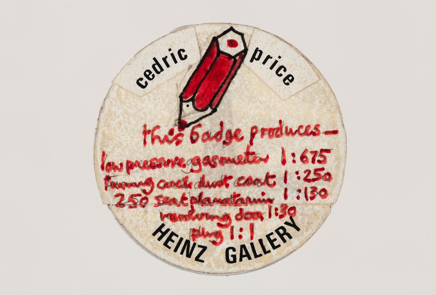 Original for a badge produced in conjunction with the exhibition "Cedric Price": the evolving image, presented at the Royal Institute of British Architects October 8-November 29, 1975
