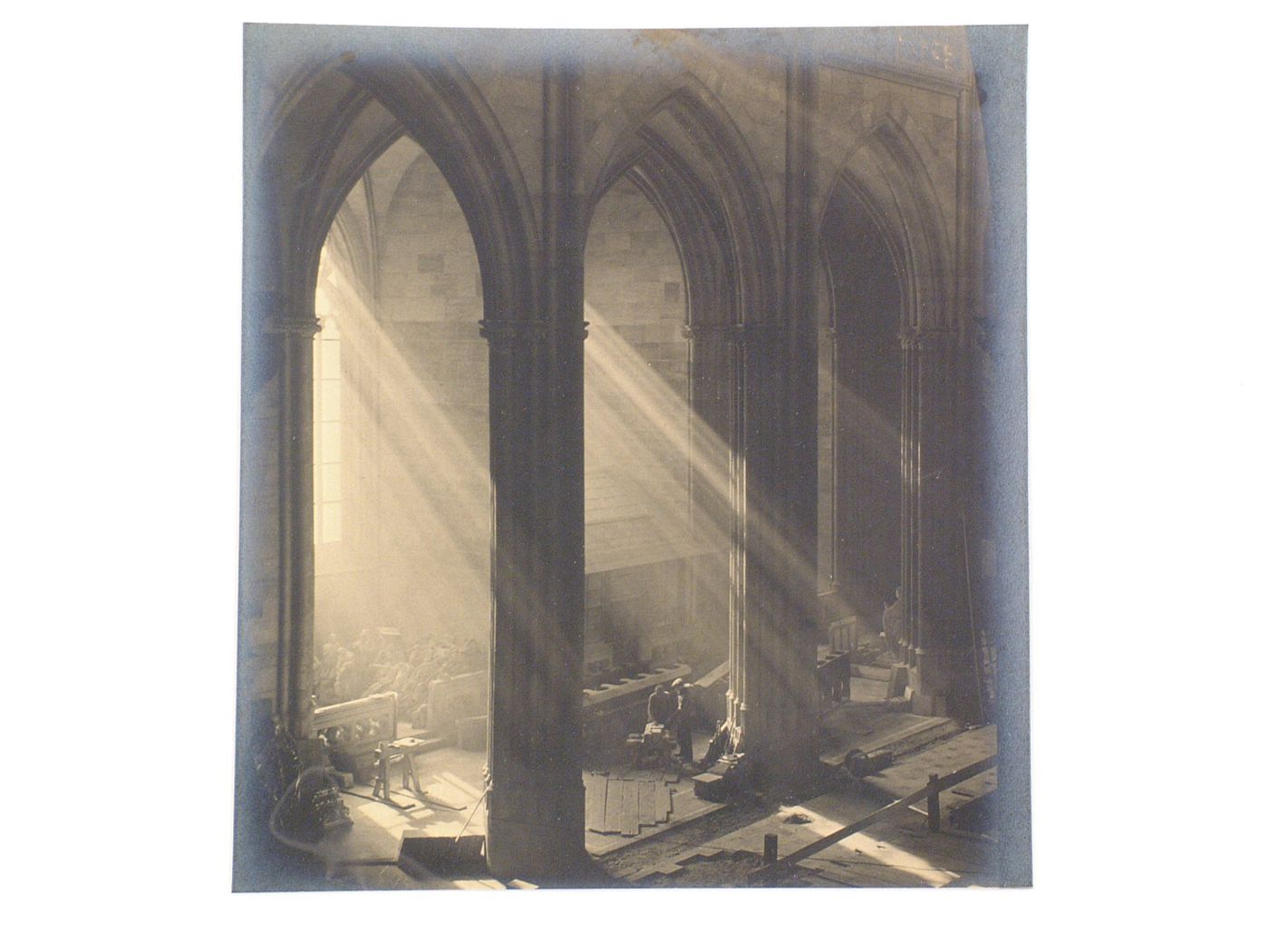 Plate from portfolio ''Svaty Vit (St. Vitus or St. Guy), various interior and exterior views of the cathedral under construction, Prague, Czech Republic''