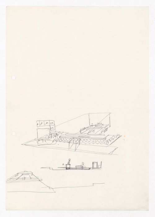 Sketch perspectives, section and floor plan for Palácio de Jústiça, Montemor-o-Velho, Portugal