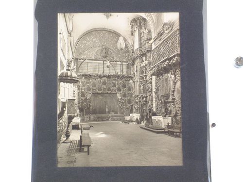 Interior view of the Church of Santa Rosa showing the pulpit, the choir screen, and the altarpieces dedicated to the Virgen de los Dolores [Virgin of Sorrows] and to San Francisco de Paula, Convento de Santa Rosa de Viterbo, Querétaro, Mexico