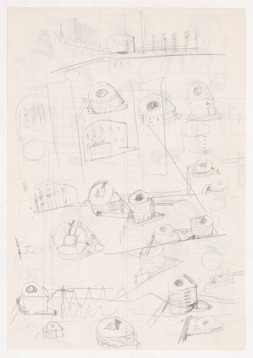 Sketch axonometric views and perspectives for Centro Meteorológico da Villa Olimpica, Barcelona, Spain; verso: Sketch axonometric views, perspectives, and details for Centro Meteorológico da Villa Olimpica, Barcelona, Spain