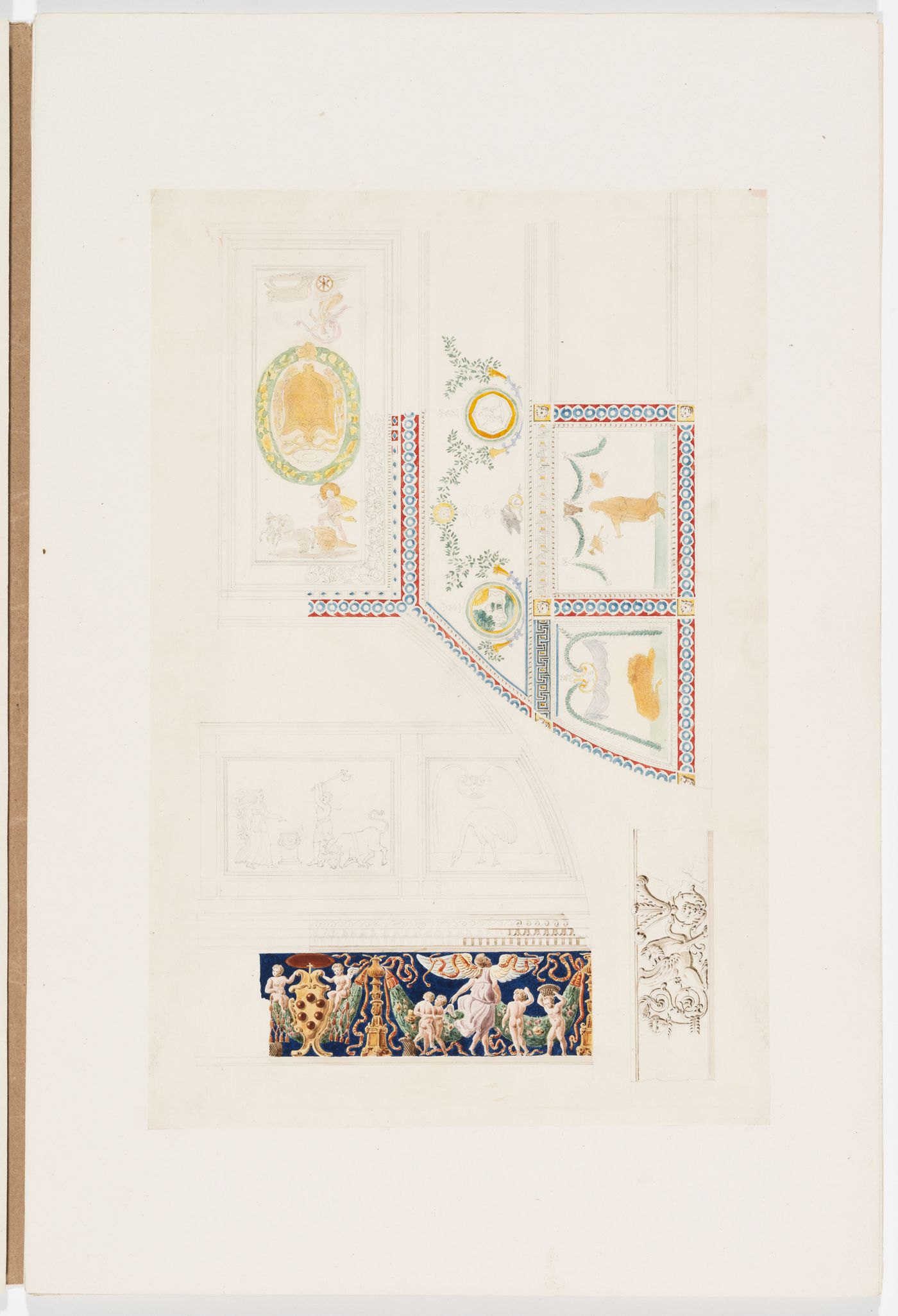 Ornament drawing of panels and bands with figurative and foliated ornament including the coat of arms of the Medici family, surrounded by decorated moldings and borders, probably for wall and ceiling panels, and a piece of a band decorated with grotesques
