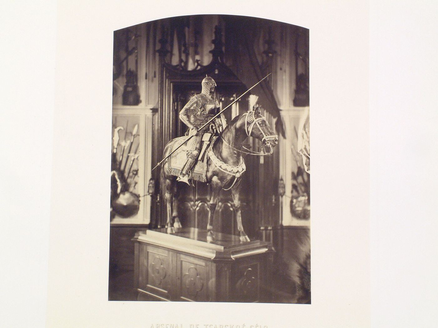 Interior view of the Knights Room showing suit of armour mounted on a sculpture of a horse, Armoury, Tsarskoye Selo (now Pushkin), Russia
