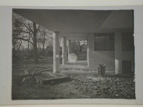 Exterior view of the pilotis of the People's Commissariat for Finance (Narkomfin) Apartment Building, 25 Novinskii Boulevard, Moscow