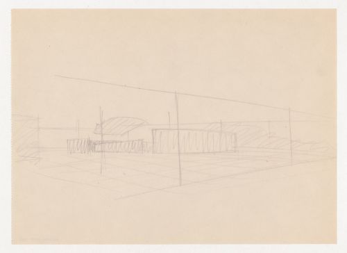 Exterior perspective sketch for Museum for a Small City showing the auditorium with suspended ceiling