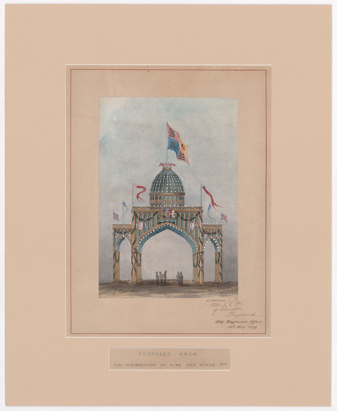 Perspective for a temporary welcome arch at the intersection of King and Yonge Streets for the visit of the Marquess of Lorne and Princess Louise to Toronto, September 1879