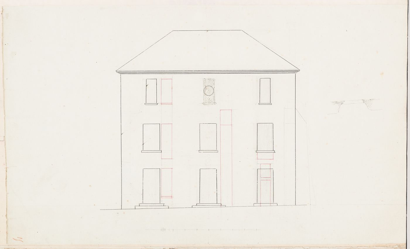 Side elevation for the house, Domaine de La Vallée; verso: Partial sketch site plan, Domaine de La Vallée