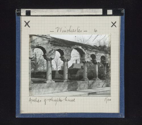 View of arcade of chapter house of Winchester Cathedral, Winchester, Hampshire, England