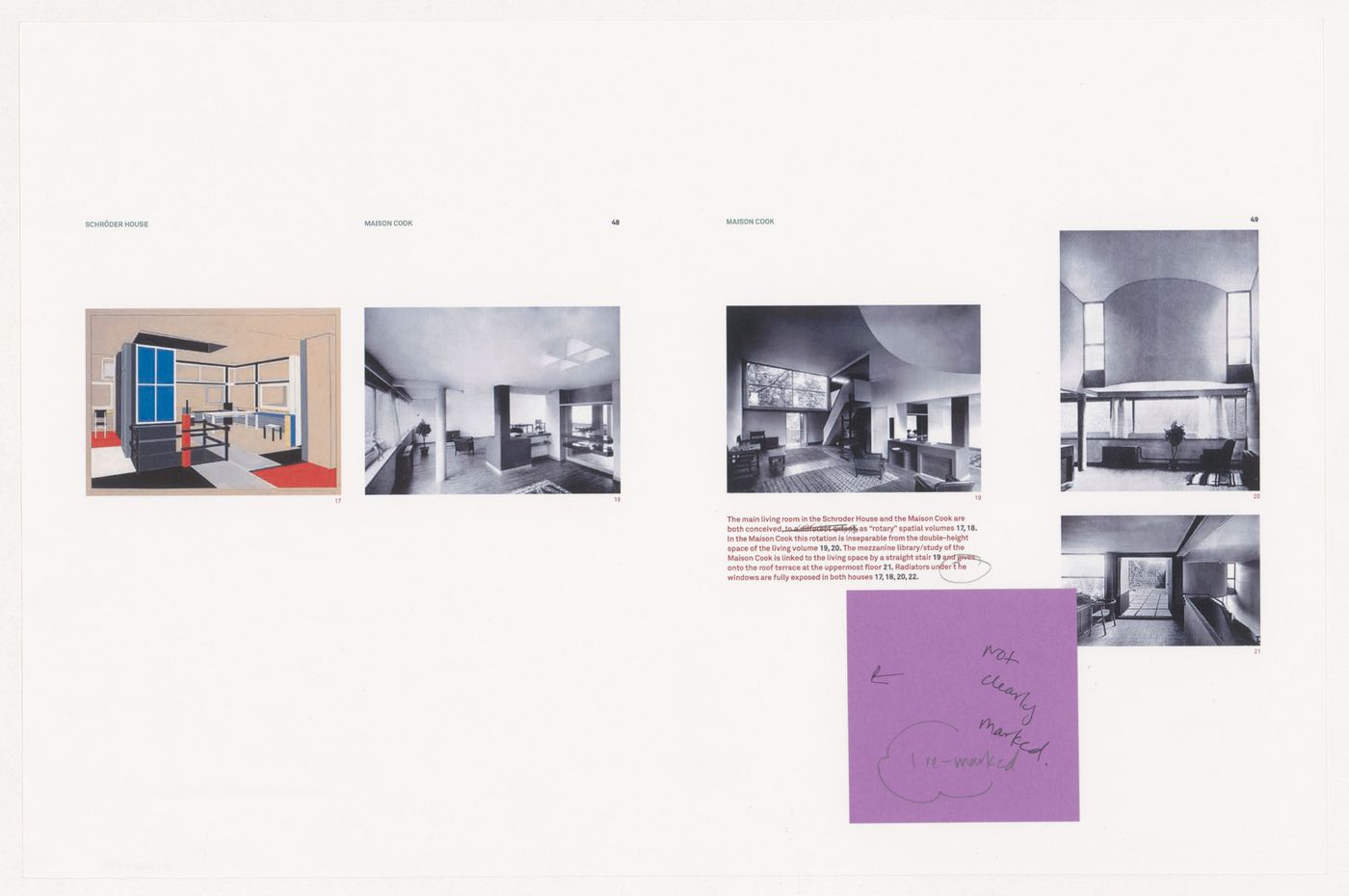 Draft of print layout with notes for "A Genealogy of Modern Architecture"
