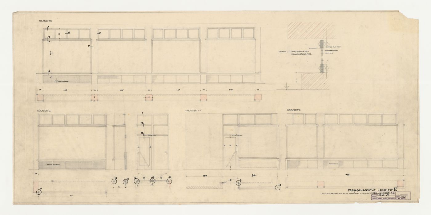 Elevations and removed sections for a type E store, Hellerhof Housing Estate, Frankfurt am Main, Germany