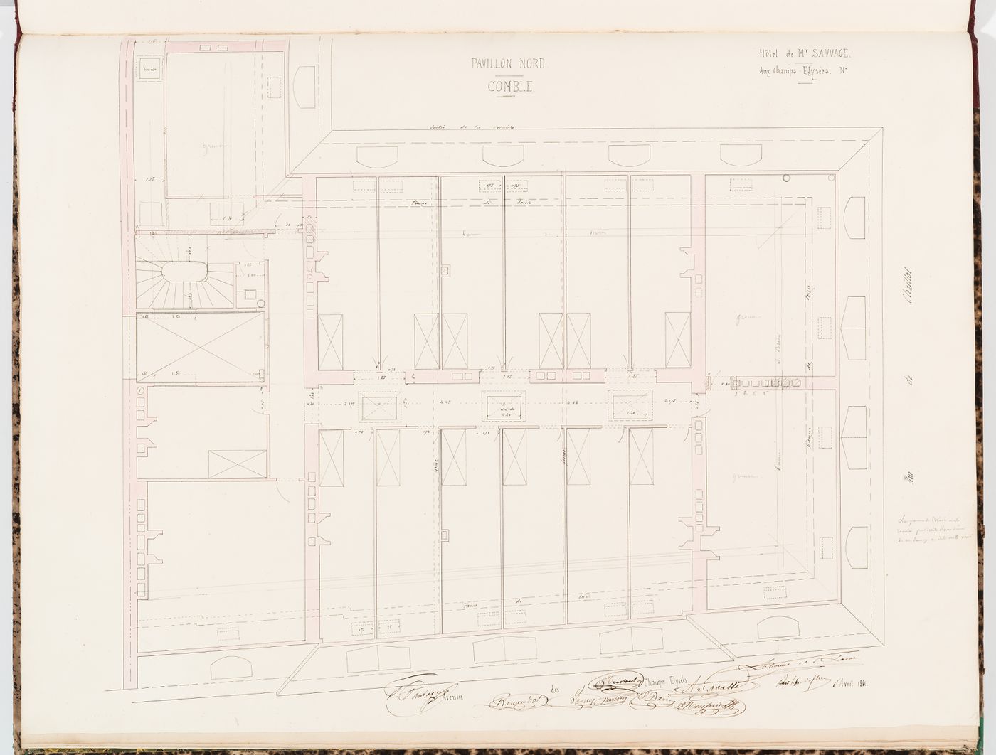Plan for the "comble" of the "pavillon nord", Hôtel Sauvage, Paris