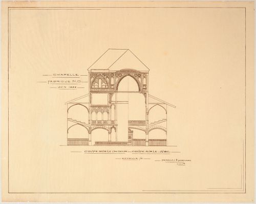 Lateral sections showing the choir and rood loft for the Chapelle du Sacré-Coeur, Notre-Dame de Montréal