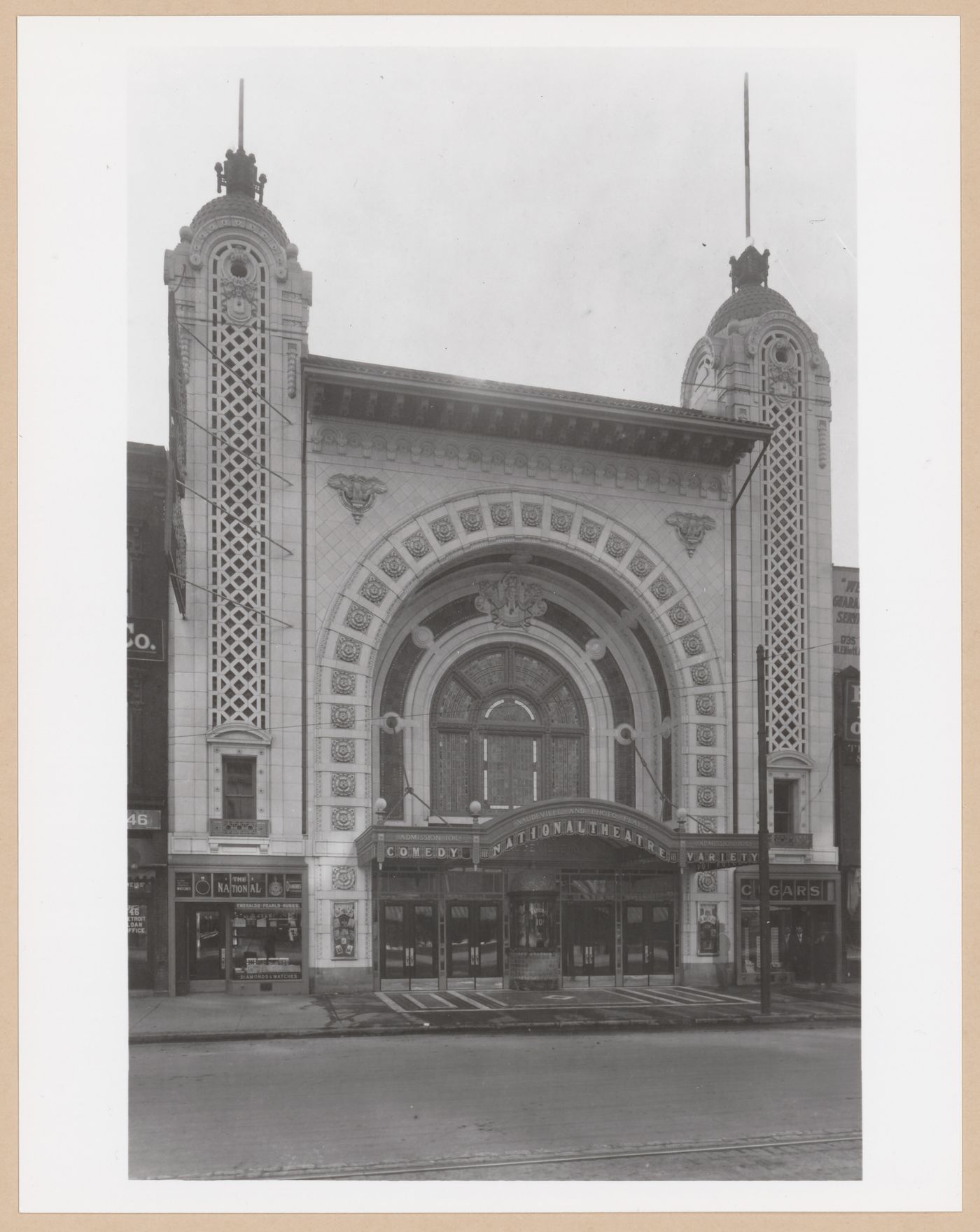 View of the principal façade of the National Theatre (now abandoned), Monroe Street, Detroit, Michigan