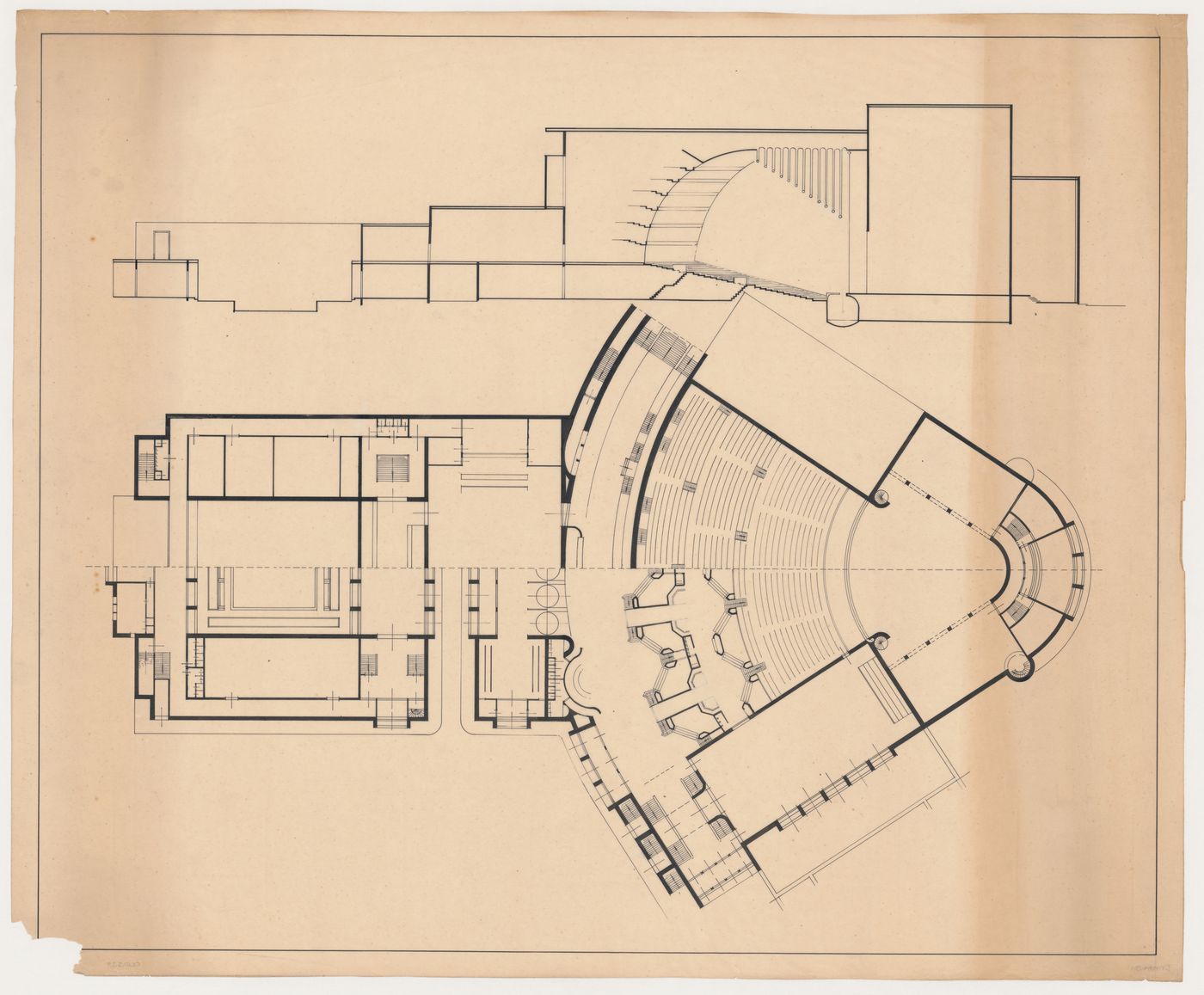 Half plans and longitudinal section for the 1924 design for People's University, Rotterdam, Netherlands