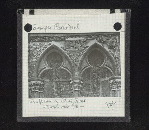 View of relief sculpture of Noah’s ark on west façade of Cathédrale Saint-Etienne de Bourges, Bourges, France