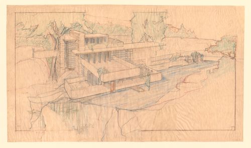 Bird's-eye perspective sketch for Fallingwater, Bear Run, Pennsylvania, showing an oblique view of the south elevation over the waterfall
