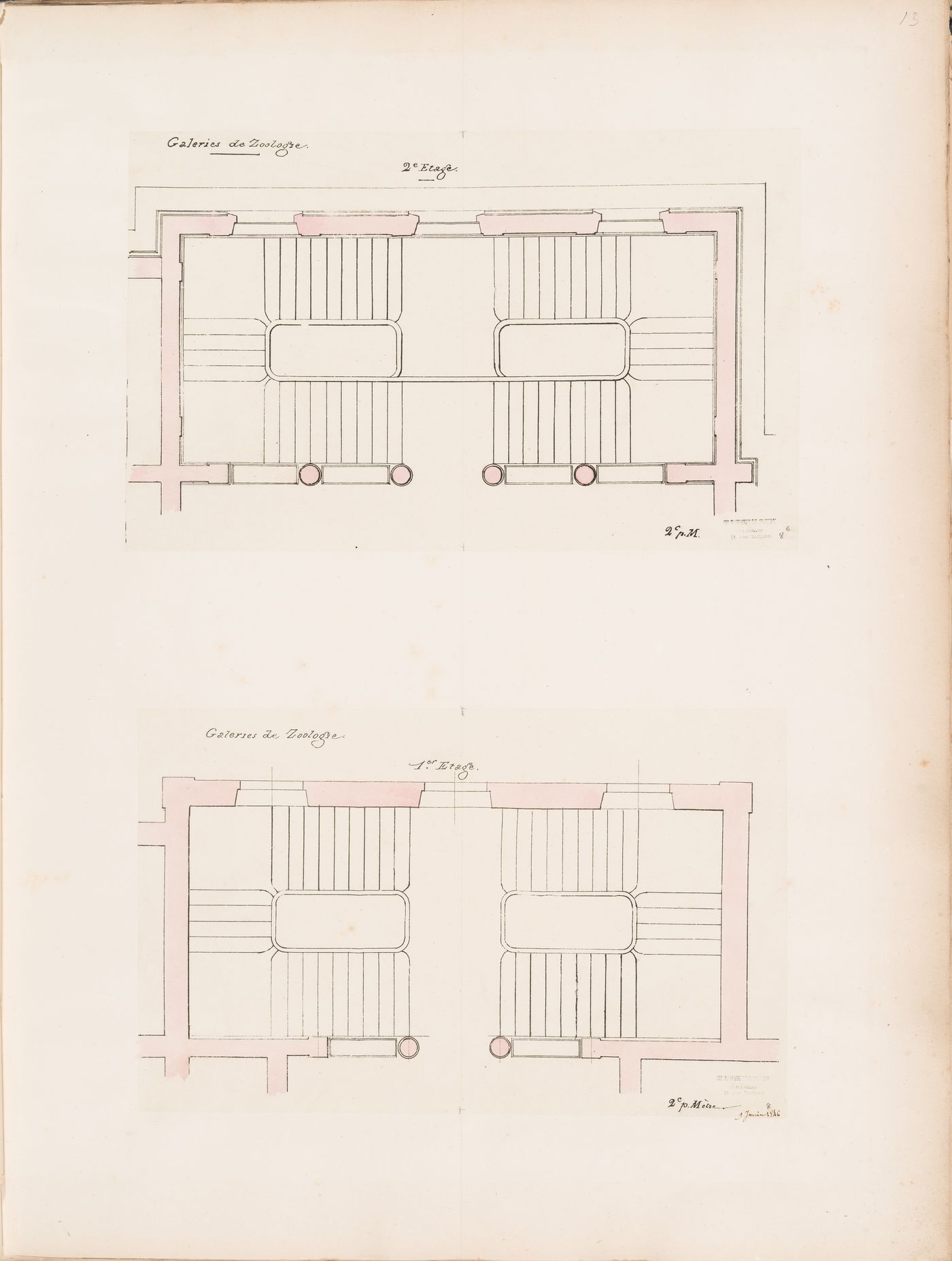 Project for a Galerie de zoologie, 1846: Plans for the principal stairs