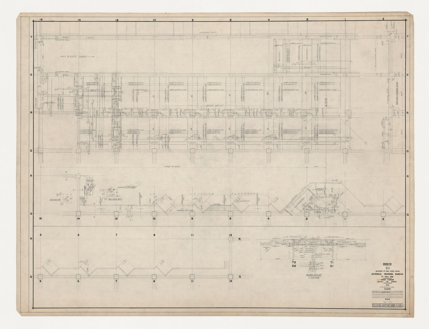 Salle de réception et expédition, étage 1 : coupes et détails, Imprimerie Nationale du Canada, Hull, Québec, Canada