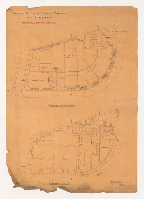 National Provincial Bank of England, Manchester: Ground floor and basement plans of heating arrangements