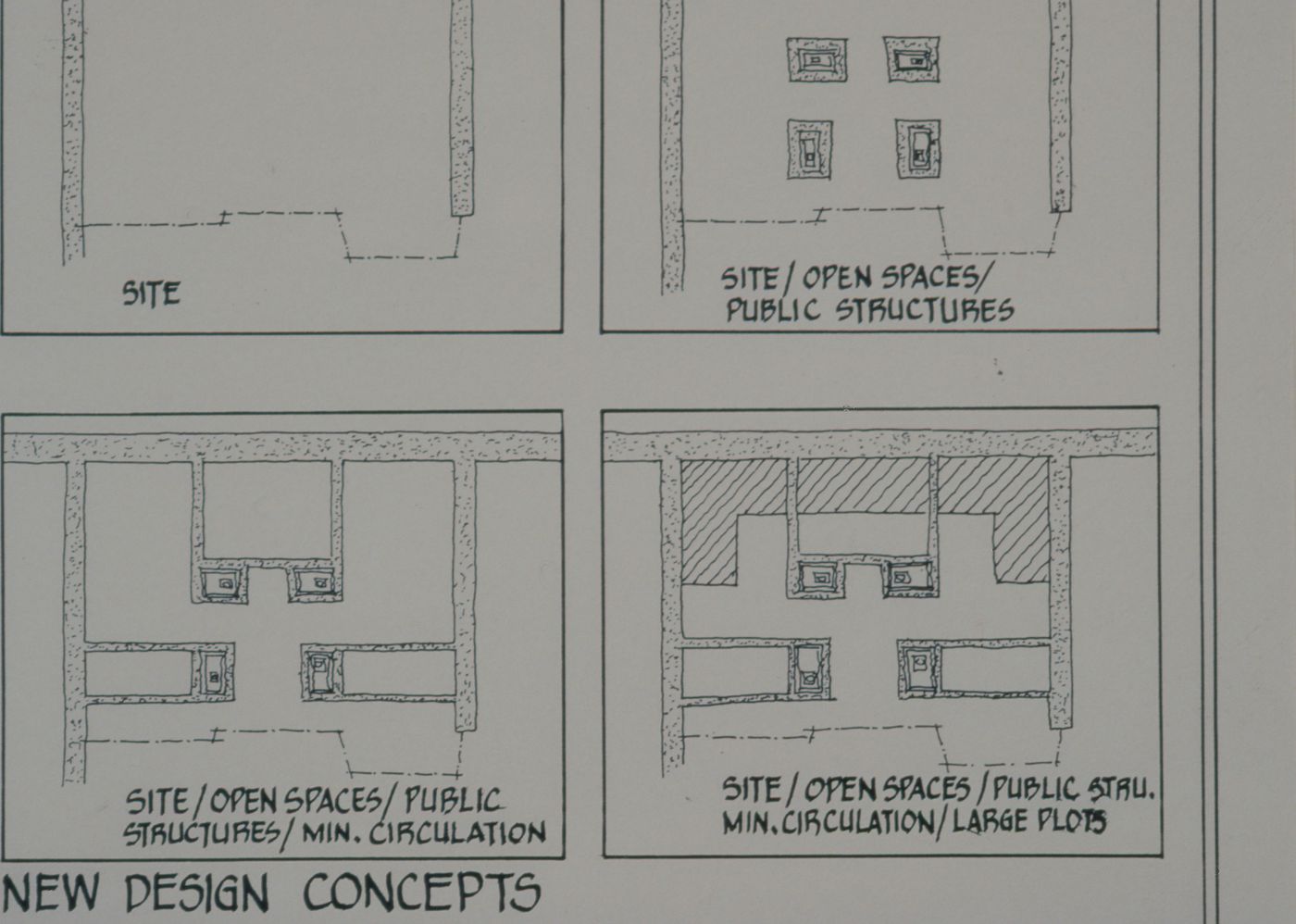Plans showing design concepts for site with open spaces, public structures, and circulation for the Aranya Housing Project, Indore, India