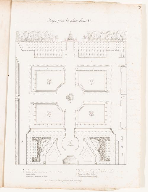 Plan and elevation for place Louis XV with five fountains and a promenade bordered by a row of sculptures