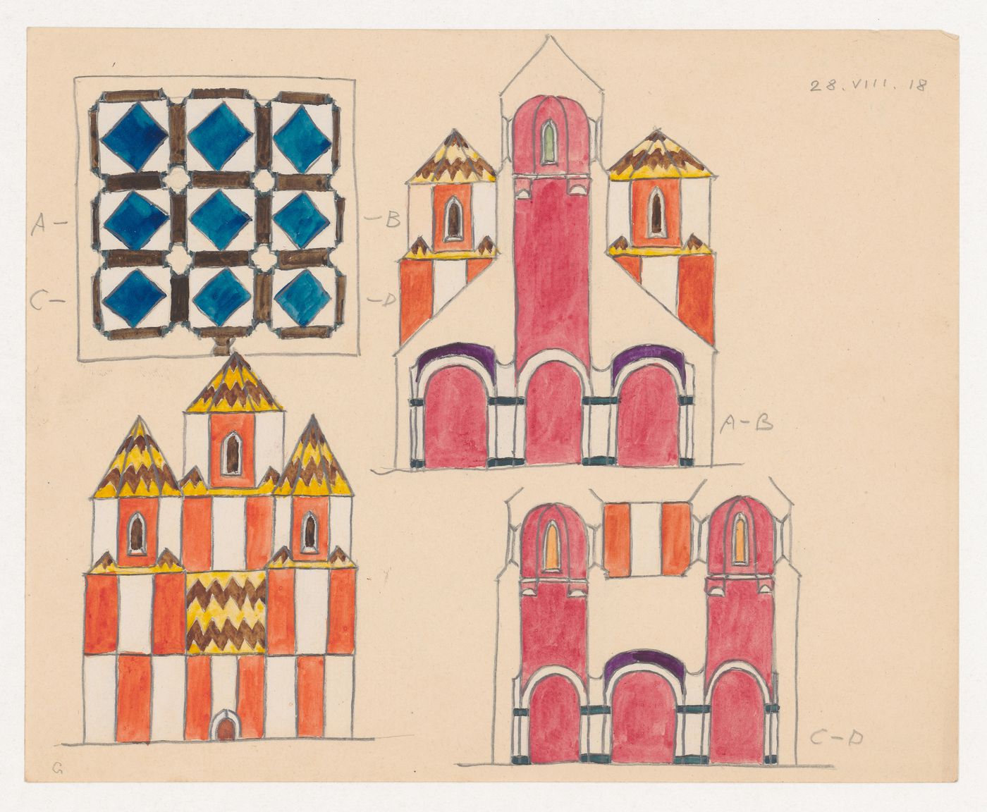 Plan, elevation, and section for a multi-coloured church