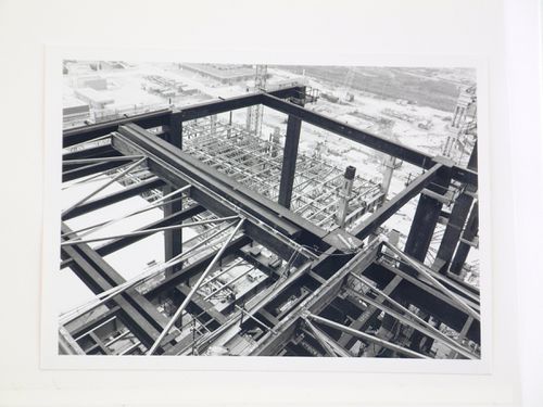 View of construction of steel structure for power station, from above, United Kingdom